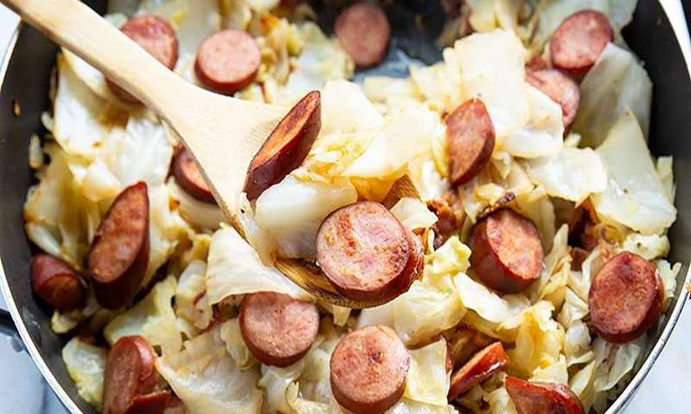 Kielbasa-and-cabbage-with-buttermilk-mashed-potatoes-poland-recipe